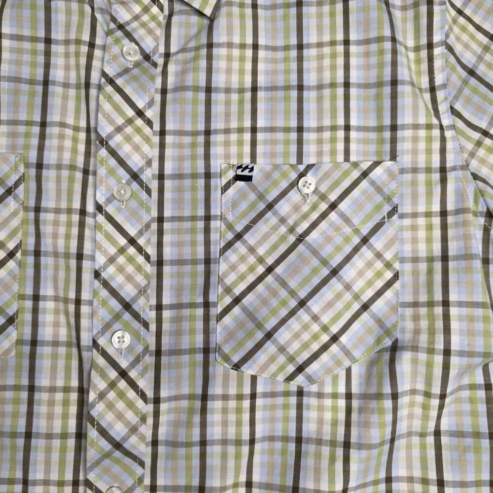 Billabong Men’s M White Olive Green Brown Blue Plaid Shirt SS Button Down